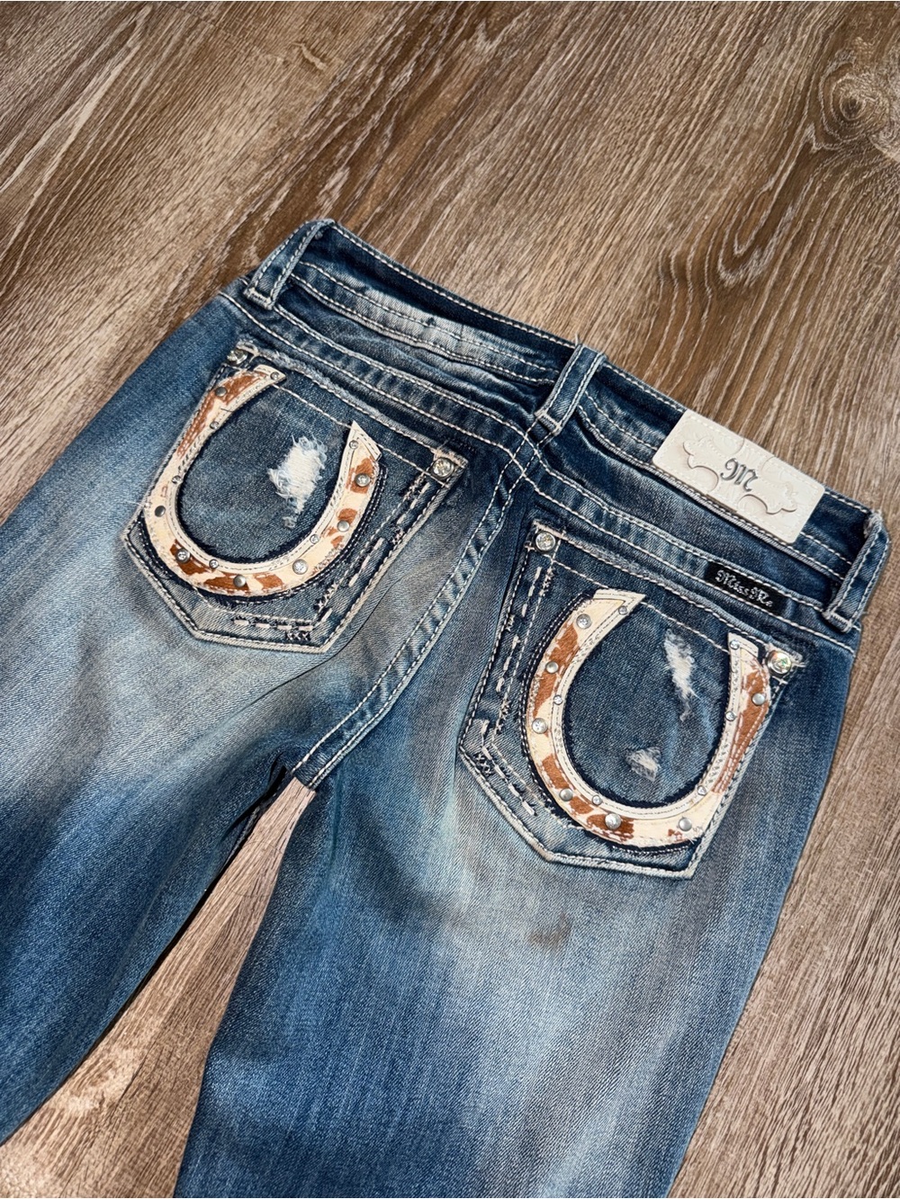 Miss Me Women's Blue Distressed Bootcut Jeans with Embellished Pocket